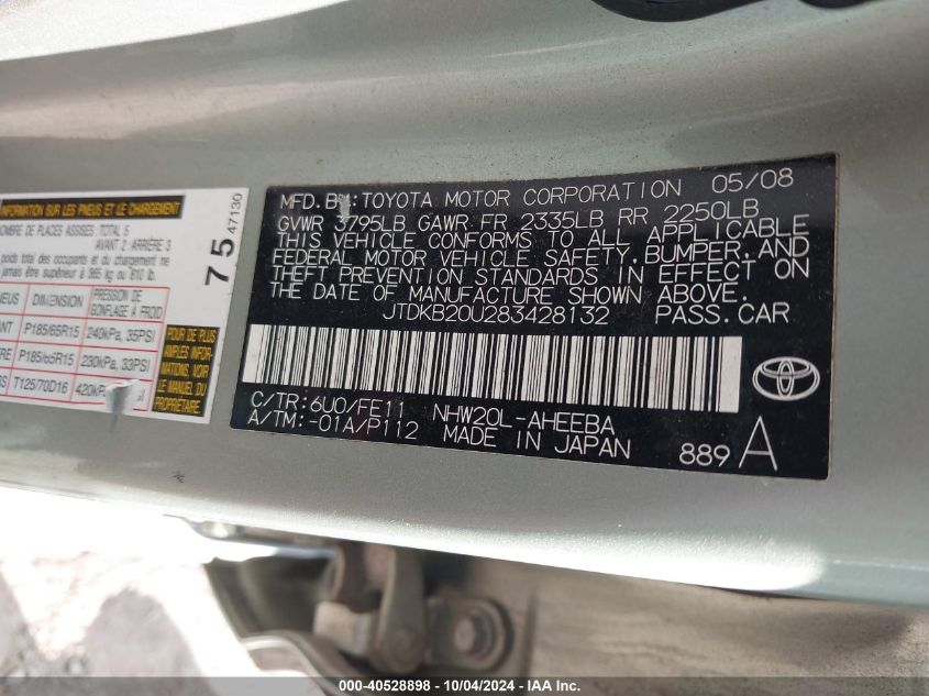 JTDKB20U283428132 2008 Toyota Prius