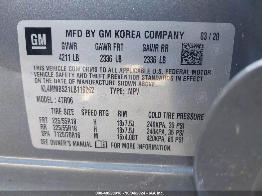 2020 Buick Encore Gx Fwd Preferred VIN: KL4MMBS21LB116262 Lot: 40528918