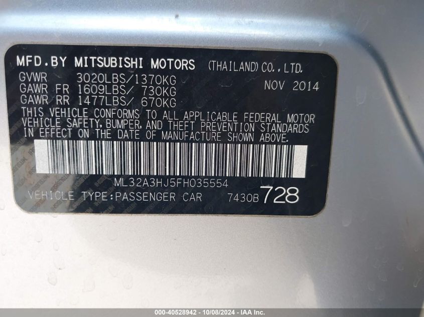 ML32A3HJ5FH035554 2015 Mitsubishi Mirage De