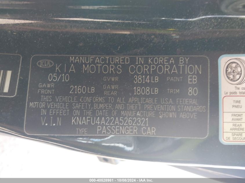 KNAFU4A22A5262321 2010 Kia Forte Ex