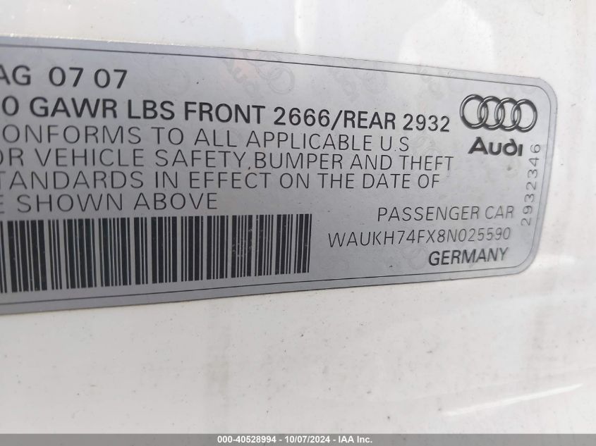 2008 Audi A6 Avant Quattro VIN: WAUKH74FX8N025590 Lot: 40528994