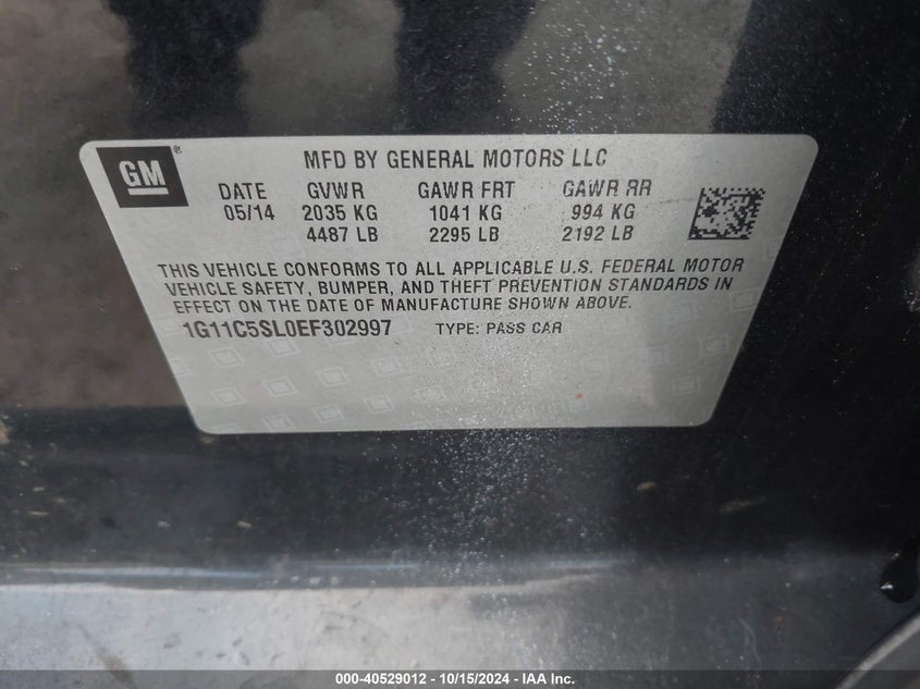 2014 Chevrolet Malibu 1Lt VIN: 1G11C5SL0EF302997 Lot: 40529012