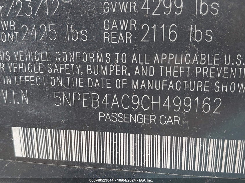 5NPEB4AC9CH499162 2012 Hyundai Sonata Gls