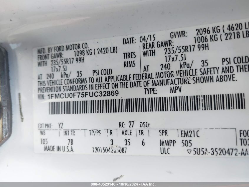 1FMCU0F75FUC32869 2015 Ford Escape S