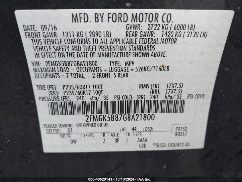 2016 Ford Flex Se VIN: 2FMGK5B87GBA21800 Lot: 40529141