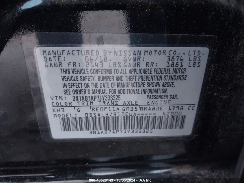 3N1AB7AP7JY333725 2018 Nissan Sentra S/Sv/Sr/Sl