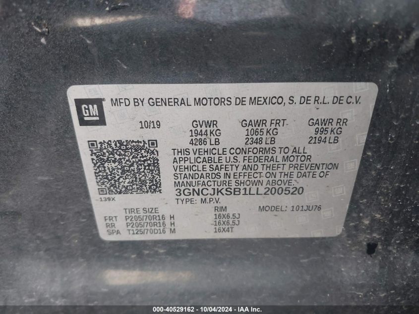 3GNCJKSB1LL200520 2020 Chevrolet Trax Fwd Ls