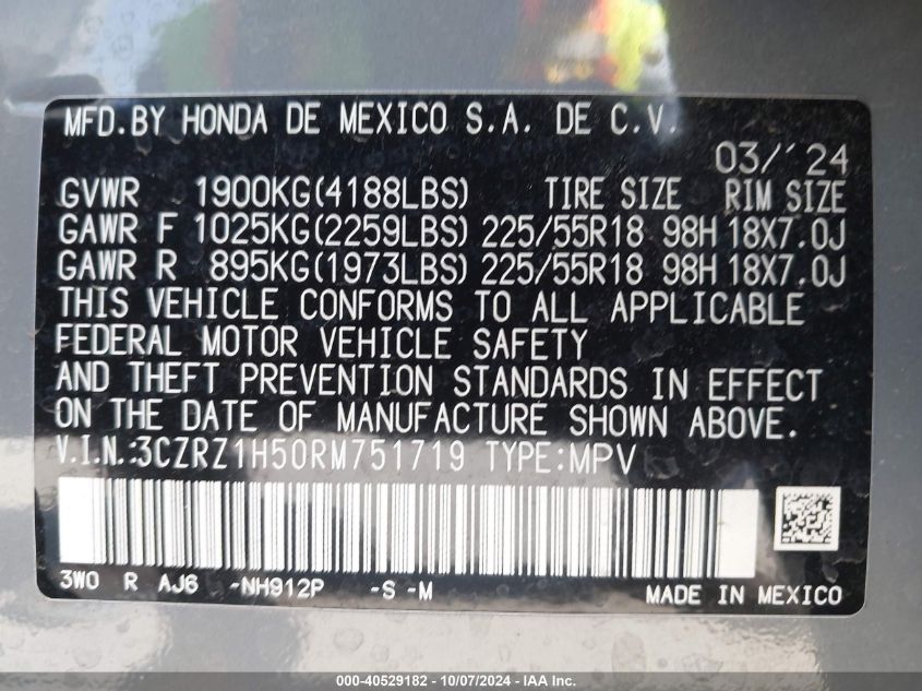 2024 Honda Hr-V 2Wd Sport/2Wd Sport W/O Bsi VIN: 3CZRZ1H50RM751719 Lot: 40529182