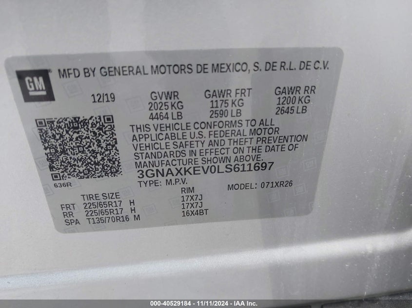 VIN 3GNAXKEV0LS611697 2020 CHEVROLET EQUINOX FWD LT 1.5L TURBO