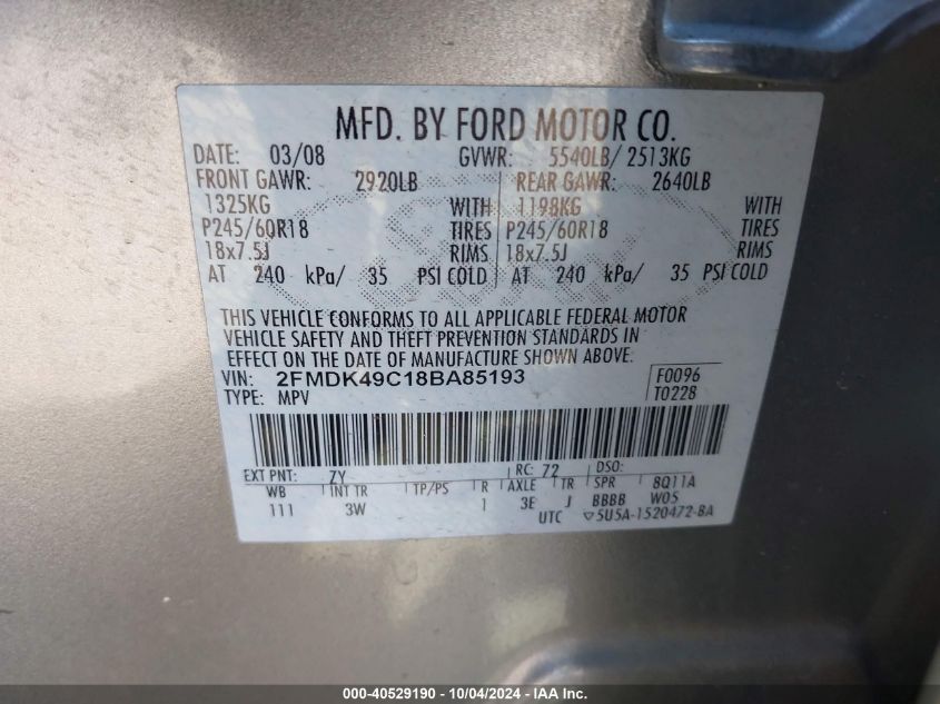 2FMDK49C18BA85193 2008 Ford Edge Limited