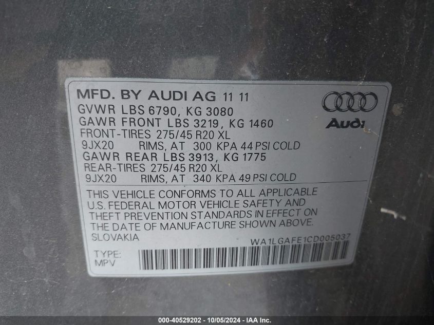 2012 Audi Q7 3.0T Premium VIN: WA1LGAFE1CD005037 Lot: 40529202