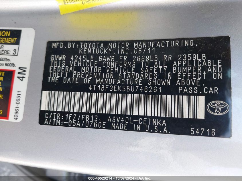 4T1BF3EK5BU746261 2011 Toyota Camry Se/Le/Xle