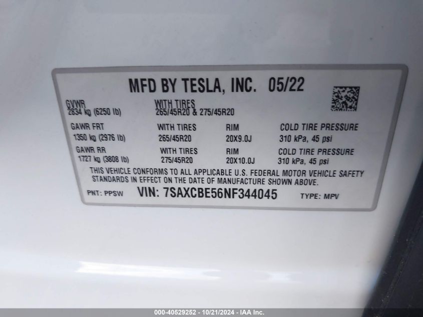 2022 Tesla Model X Dual Motor All-Wheel Drive VIN: 7SAXCBE56NF344045 Lot: 40529252