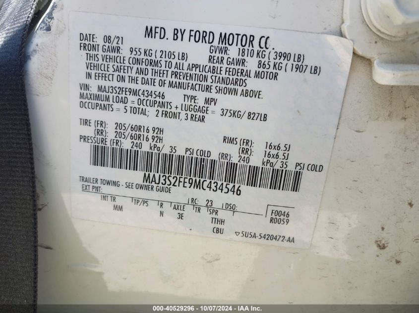 2021 Ford Ecosport S VIN: MAJ3S2FE9MC434546 Lot: 40529296