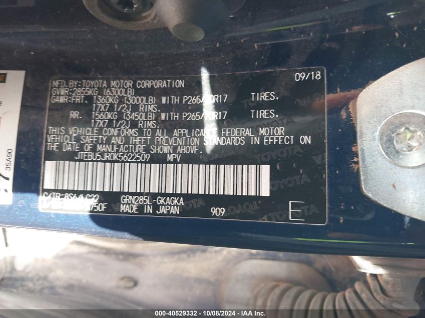 2019 TOYOTA 4RUNNER TRD OFF ROAD PREMIUM - JTEBU5JR0K5622509