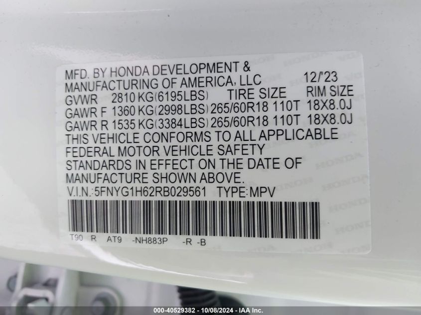 VIN 5FNYG1H62RB029561 2024 Honda Pilot, Trailsport no.9