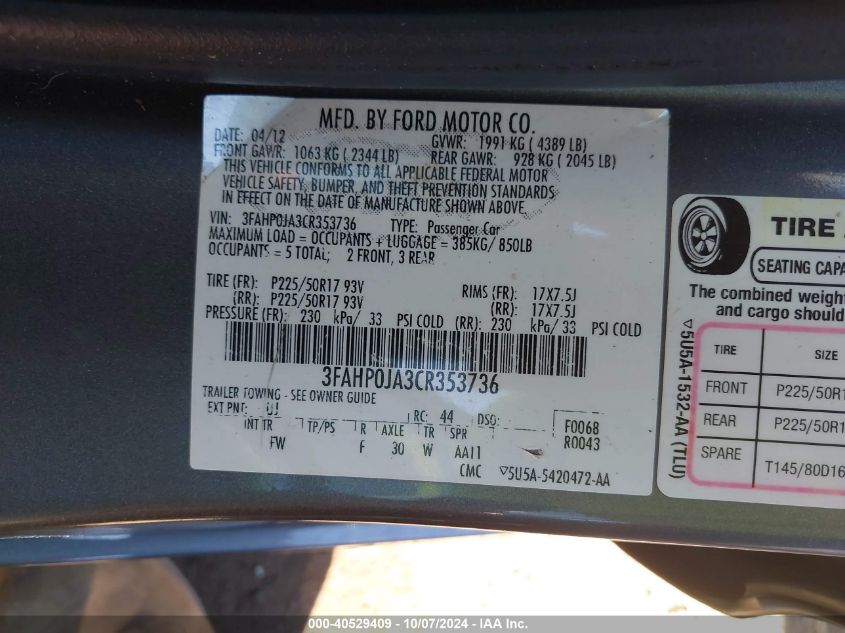 2012 Ford Fusion Sel VIN: 3FAHP0JA3CR353736 Lot: 40529409