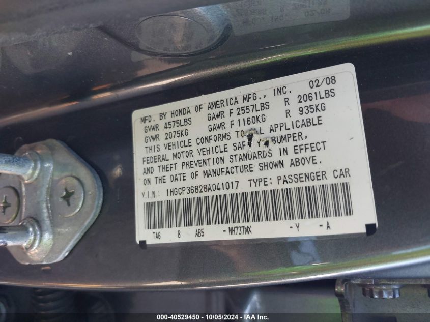 1HGCP36828A041017 2008 Honda Accord 3.5 Ex-L