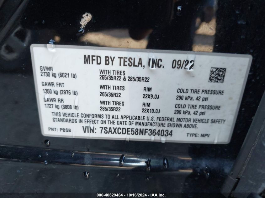 2022 Tesla Model X Dual Motor All-Wheel Drive/Plaid Tri Motor All-Wheel Drive VIN: 7SAXCDE58NF364034 Lot: 40529464