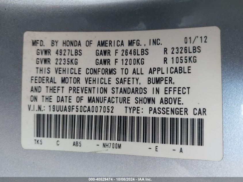 19UUA9F50CA007052 2012 Acura Tl 3.7