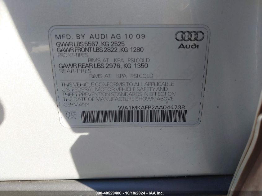 2010 Audi Q5 3.2 Premium VIN: WA1MKAFP2AA044738 Lot: 40529480