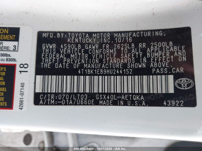 4T1BK1EB9HU244152 2017 Toyota Avalon Xle Plus/Premium/Tour/Ltd