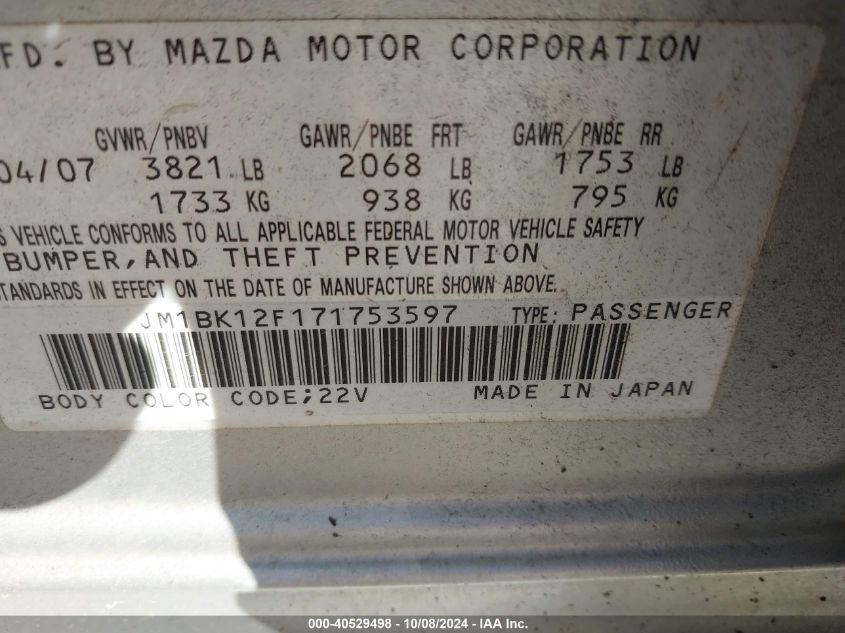 2007 Mazda 3 I VIN: JM1BK12F171753597 Lot: 40529498