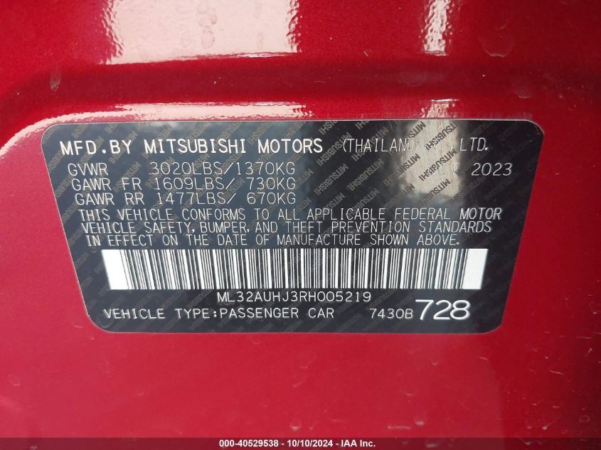 2024 Mitsubishi Mirage Le VIN: ML32AUHJ3RH005219 Lot: 40529538