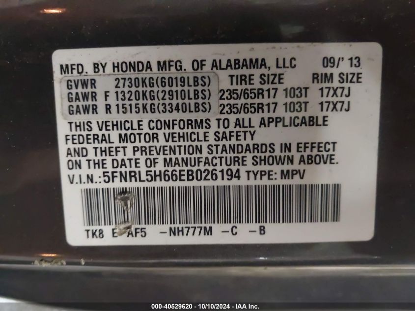 5FNRL5H66EB026194 2014 Honda Odyssey Ex-L