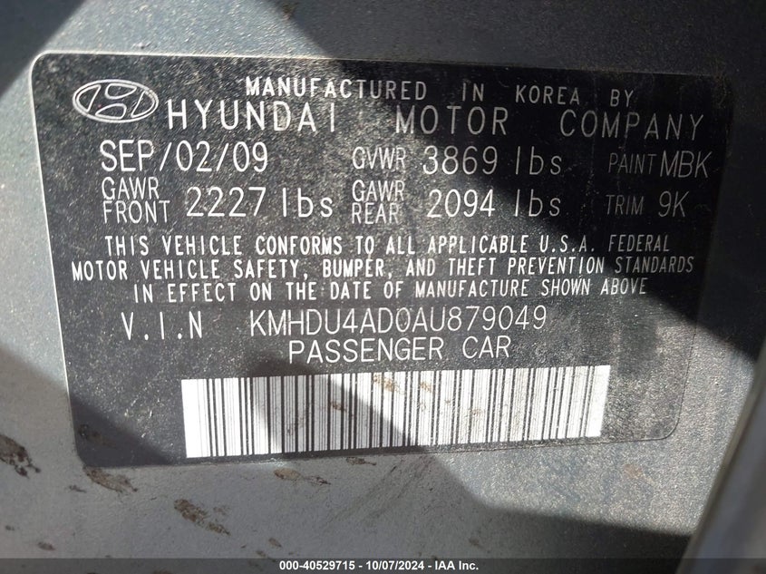 KMHDU4AD0AU879049 2010 Hyundai Elantra Gls