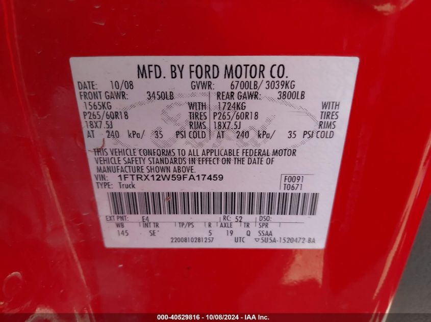 1FTRX12W59FA17459 2009 Ford F-150 Stx/Xl