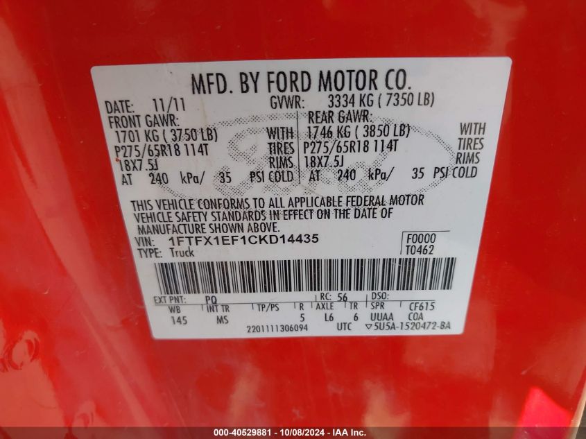 1FTFX1EF1CKD14435 2012 Ford F-150 Xlt