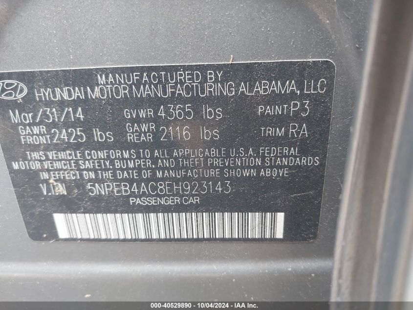 5NPEB4AC8EH923143 2014 Hyundai Sonata Gls