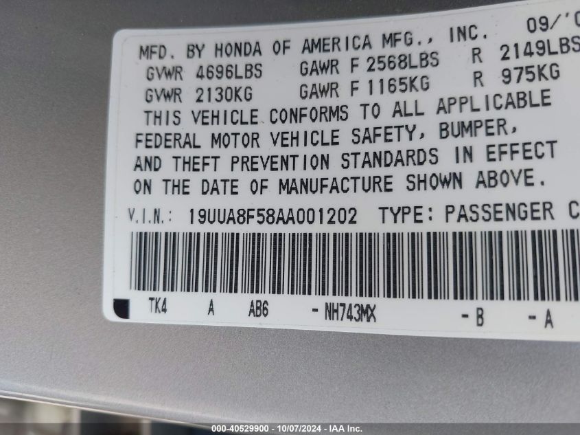 19UUA8F58AA001202 2010 Acura Tl 3.5