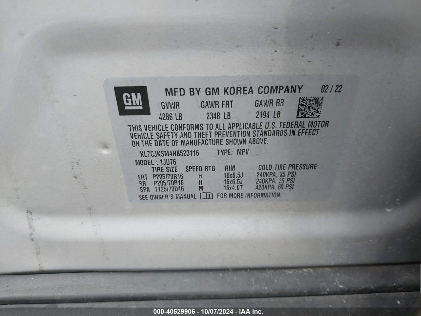 KL7CJKSM4NB523116 2022 Chevrolet Trax Fwd Ls