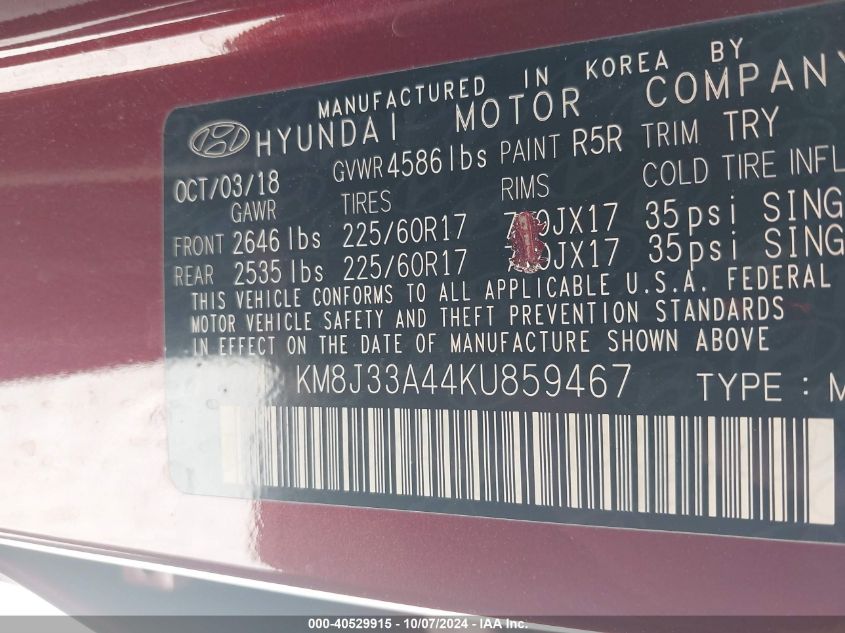 KM8J33A44KU859467 2019 Hyundai Tucson Value