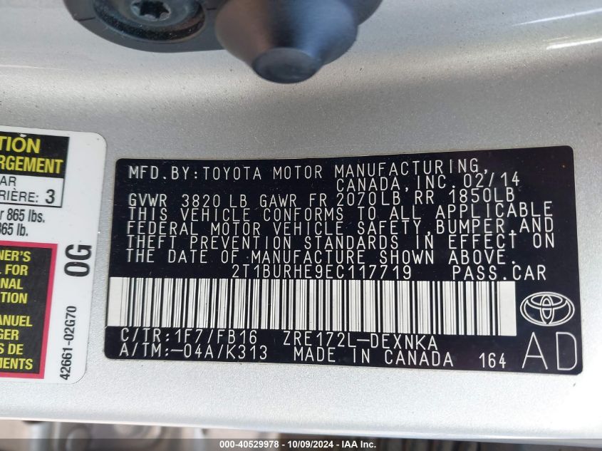 2014 TOYOTA COROLLA LE - 2T1BURHE9EC117719