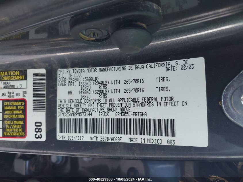 2023 Toyota Tacoma Double Cab/Sr/Sr5/Trail/Trd Sport/Trd Off Road/Trd Pro VIN: 3TMCZ5AN2PM573144 Lot: 40529988