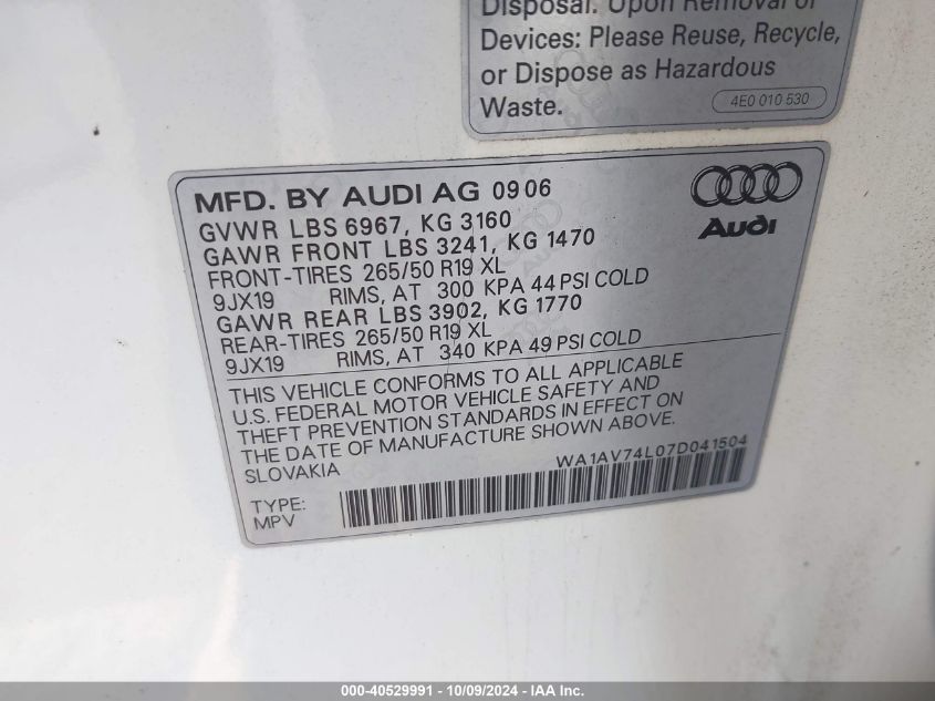 2007 Audi Q7 4.2 VIN: WA1AV74L07D041504 Lot: 40529991