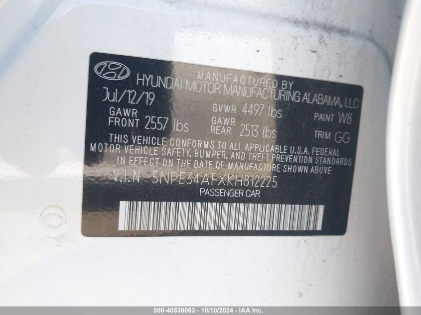 5NPE34AFXKH812225 2019 Hyundai Sonata Sel