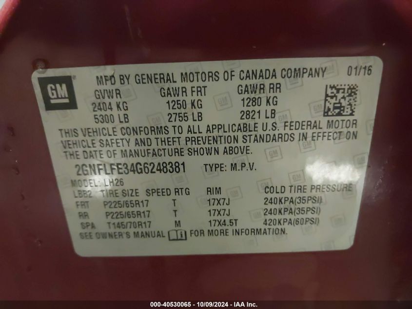 2GNFLFE34G6248381 2016 Chevrolet Equinox Lt