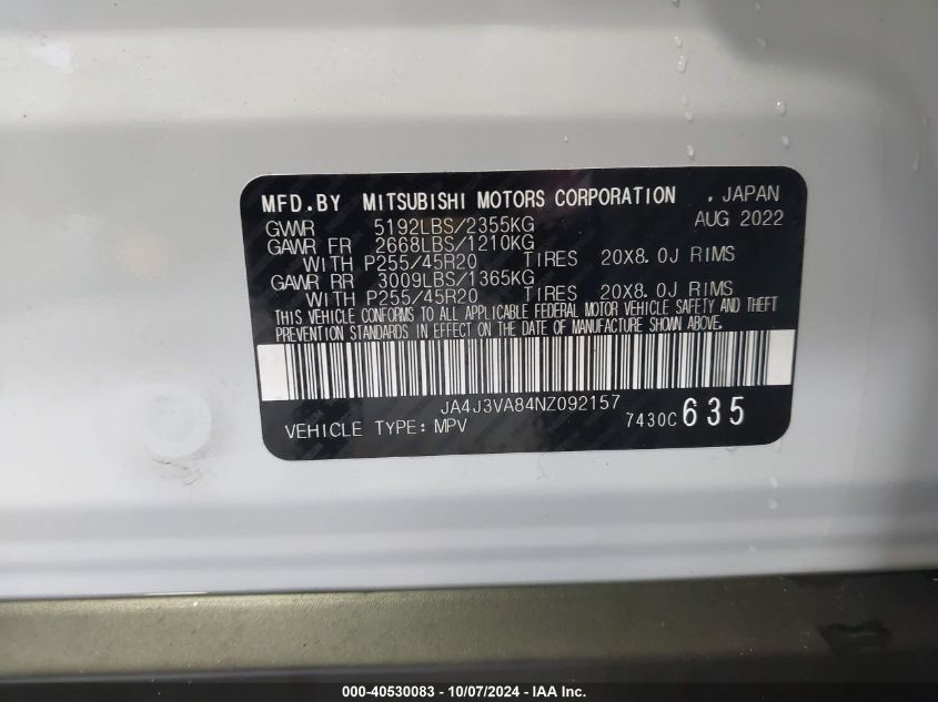 2022 Mitsubishi Outlander Sel/Sel Special Edition VIN: JA4J3VA84NZ092157 Lot: 40530083