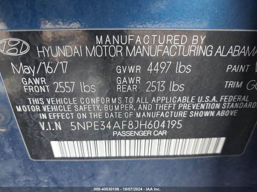 5NPE34AF8JH604195 2018 Hyundai Sonata Sel