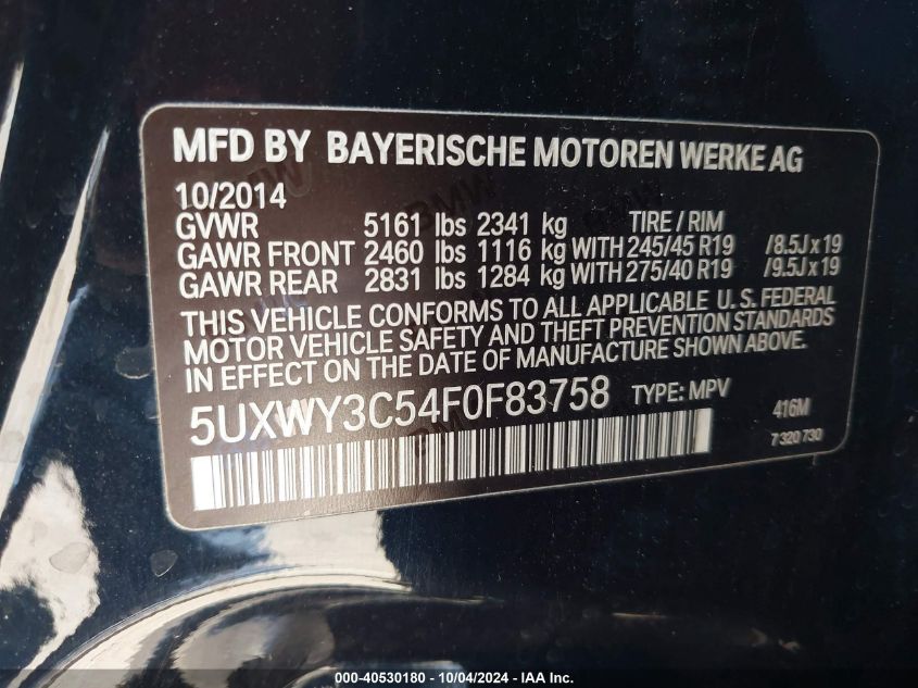 2015 BMW X3 xDrive28D VIN: 5UXWY3C54F0F83758 Lot: 40530180