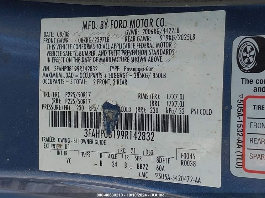 3FAHP08199R142832 2009 Ford Fusion Sel