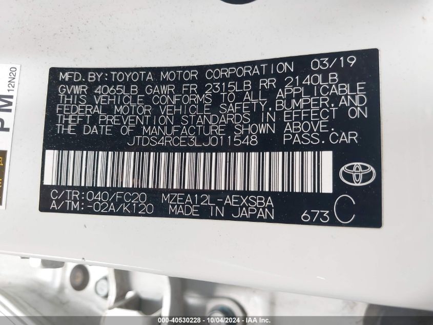 VIN JTDS4RCE3LJ011548 2020 TOYOTA COROLLA SE