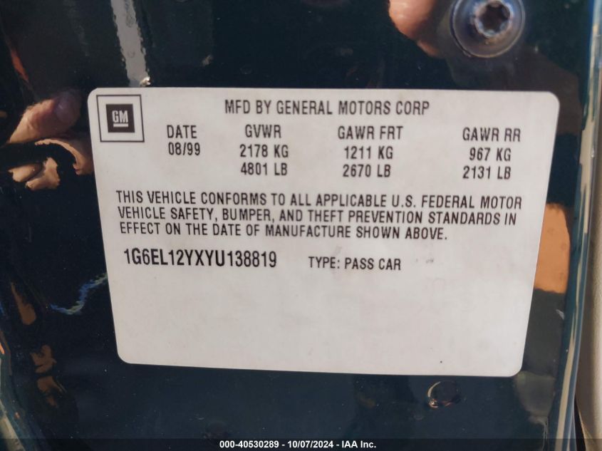 1G6EL12YXYU138819 2000 Cadillac Eldorado Esc