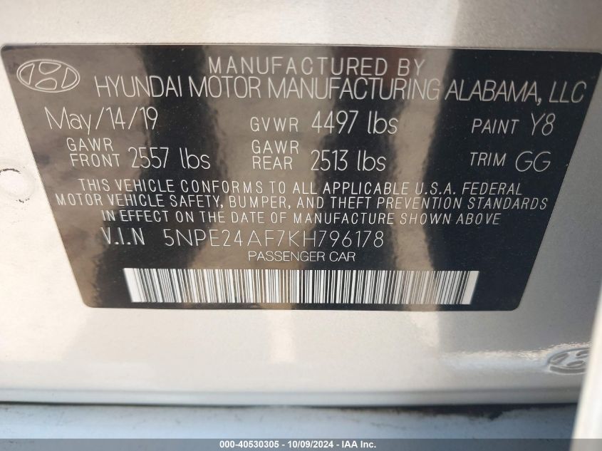 5NPE24AF7KH796178 2019 Hyundai Sonata Se