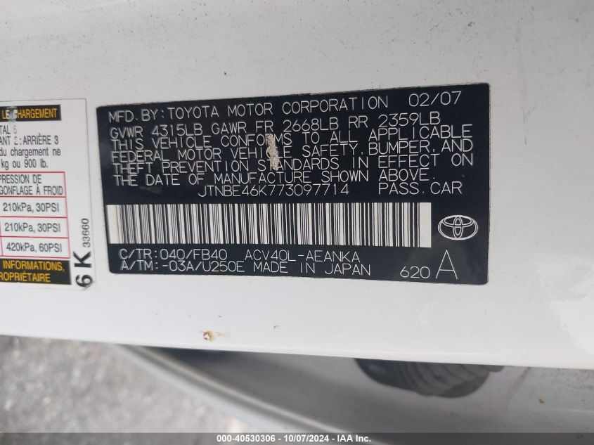 JTNBE46K773097714 2007 Toyota Camry Le