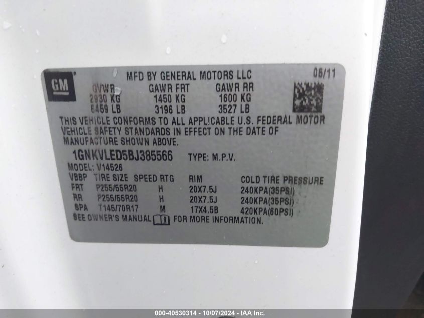 1GNKVLED5BJ385566 2011 Chevrolet Traverse Ltz